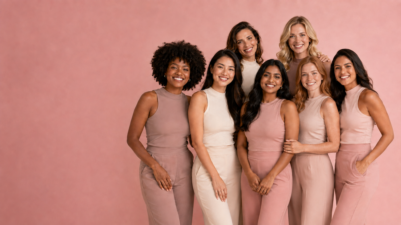 Sete mulheres de diferentes tons de pele representando o cuidado inclusivo da Laser Pop
